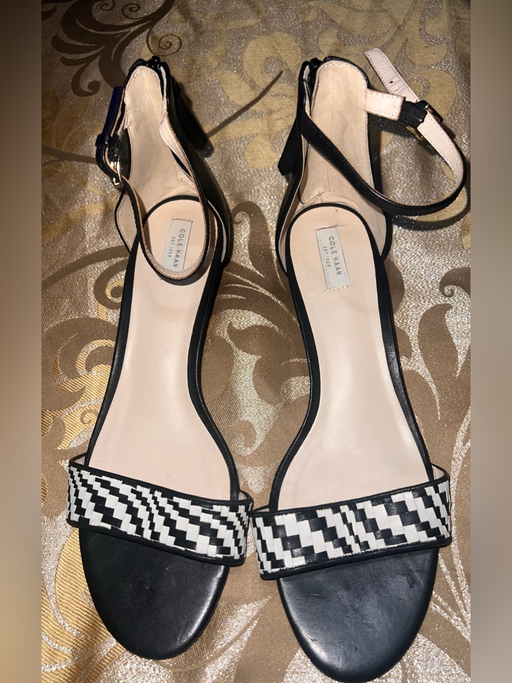 Cole Haan Genevieve Weave Black & White Wedge Woven Ankle-Strap Sandals Size 11B